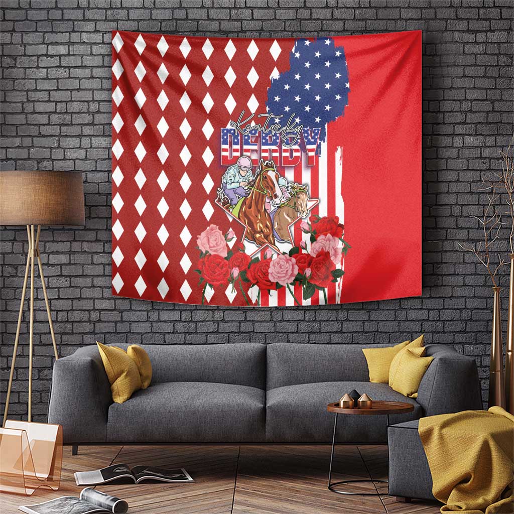 Red American flag tapestry with diamond pattern, horses, cowboy, and roses