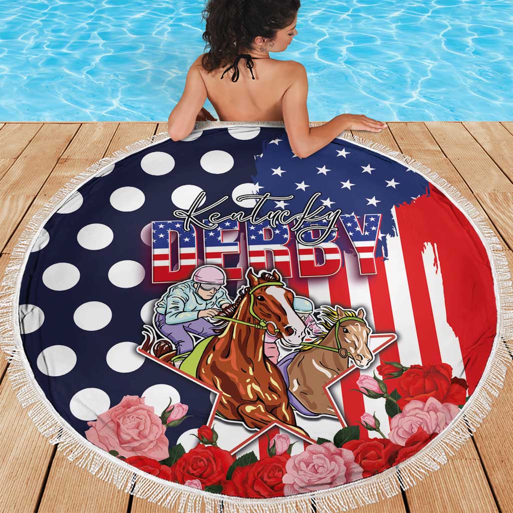 Kentucky Horses Racing Beach Blanket US Flag Grunge and Dot Pattern Blue Color