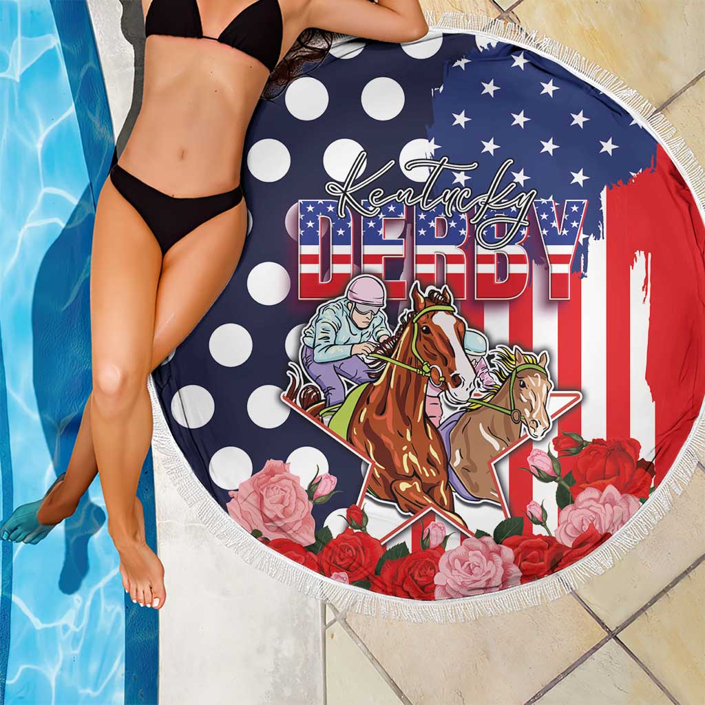 Kentucky Horses Racing Beach Blanket US Flag Grunge and Dot Pattern Blue Color