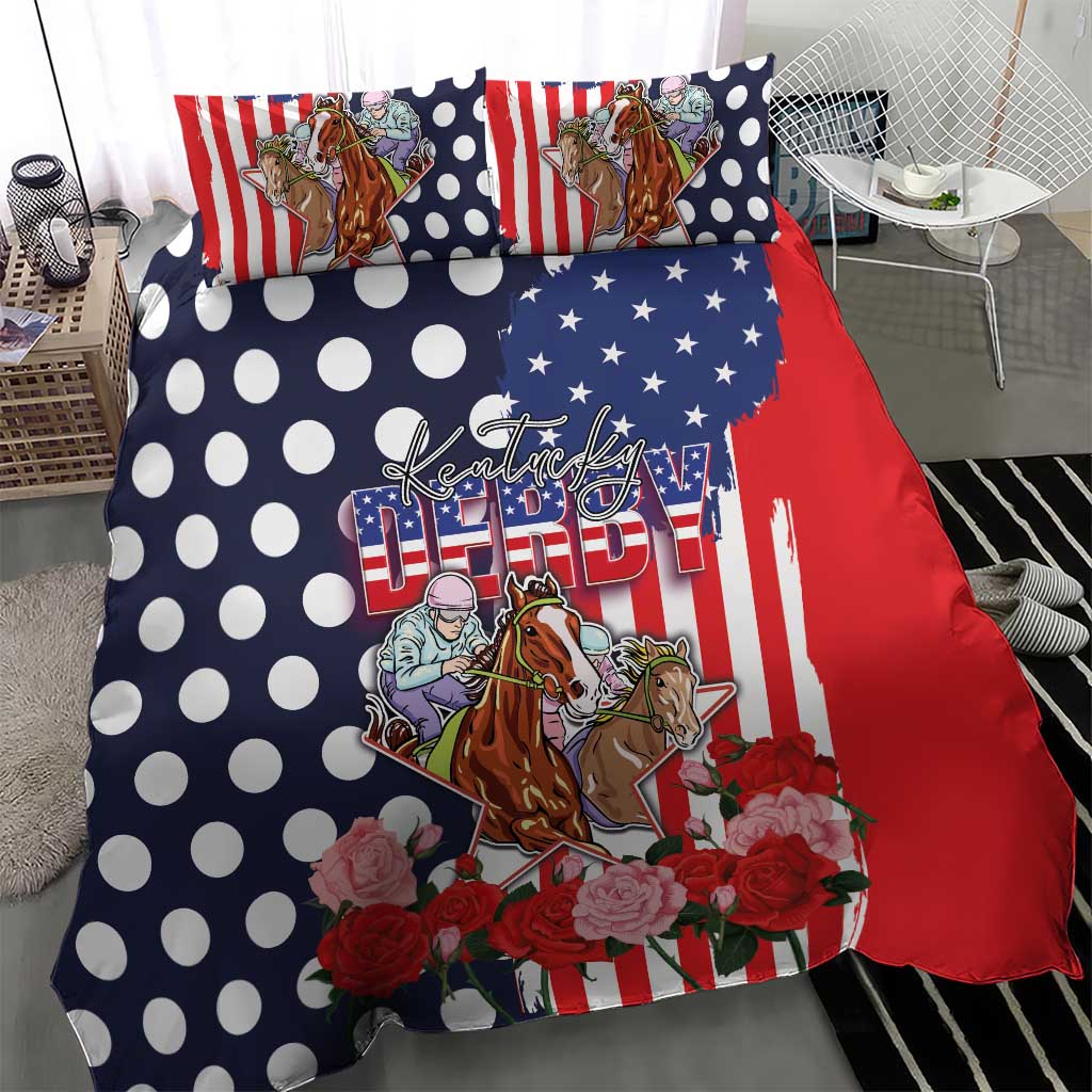 Kentucky Horses Racing Bedding Set US Flag Grunge and Dot Pattern Blue Color