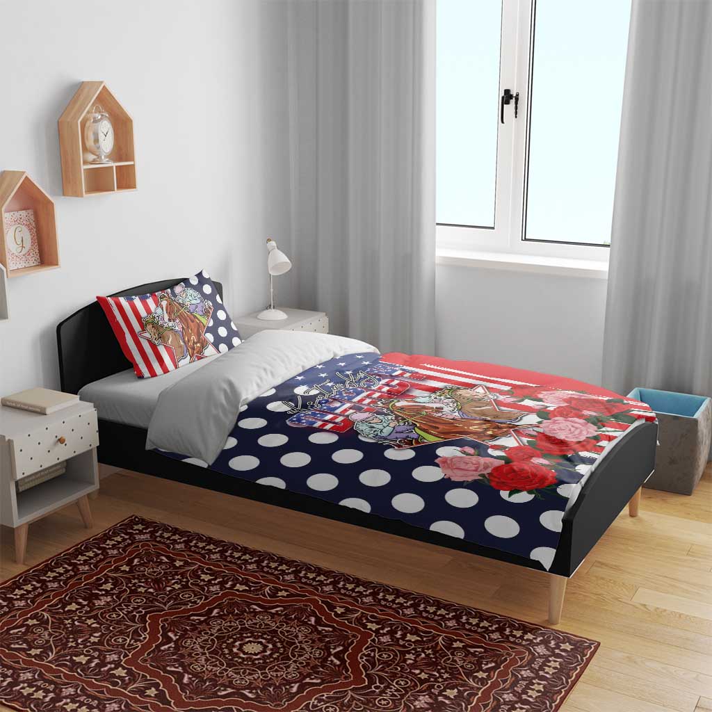 Kentucky Horses Racing Bedding Set US Flag Grunge and Dot Pattern Blue Color