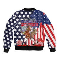 Kentucky Horses Racing Sleeve Zip Bomber Jacket US Flag Grunge and Dot Pattern Blue Color