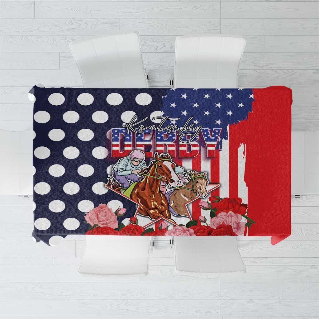 Blue and red grunge-style tablecloth with white dots, stars, and floral print U.S. flag graphic