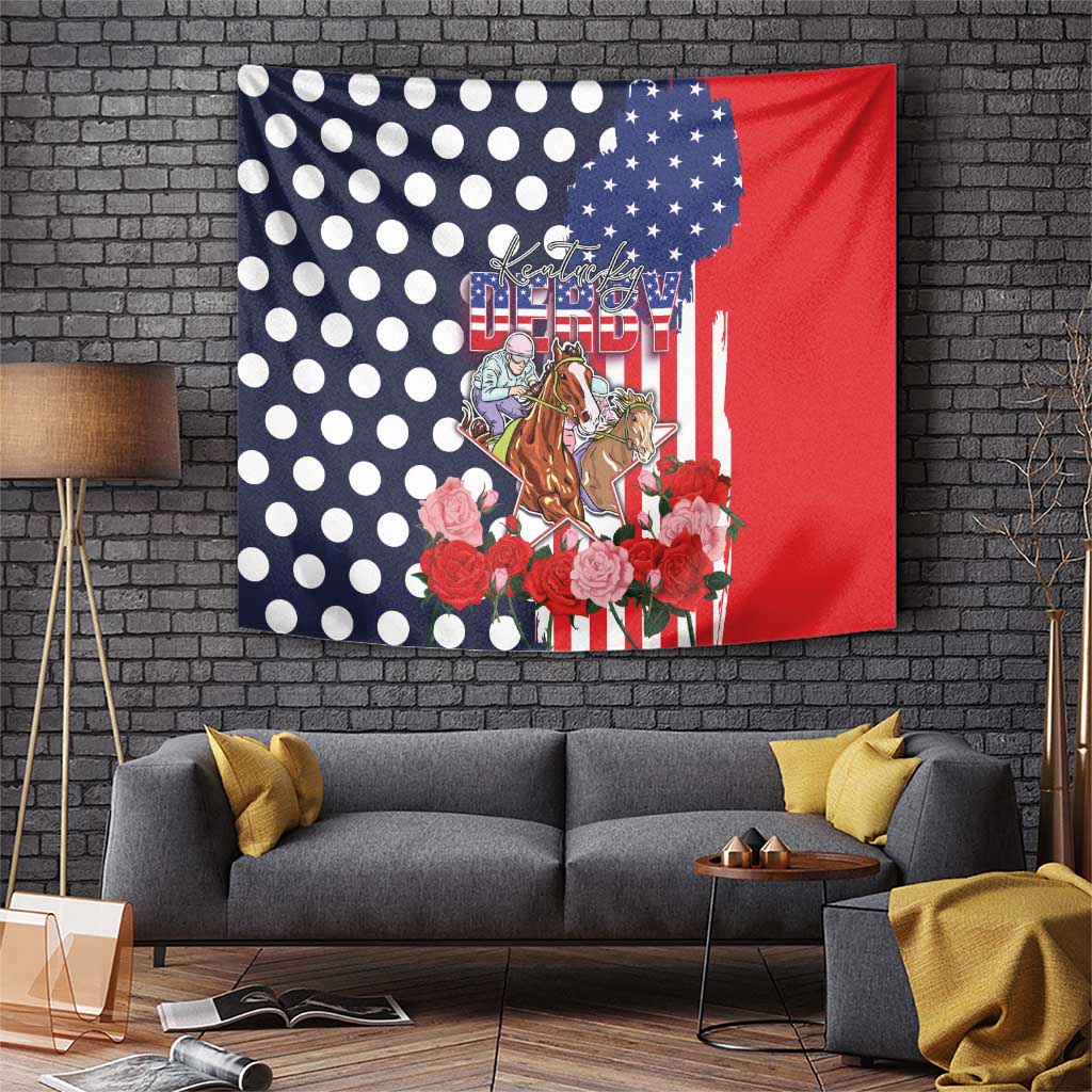 Blue polka-dot horses racing US flag tapestry with cowboy riders and roses