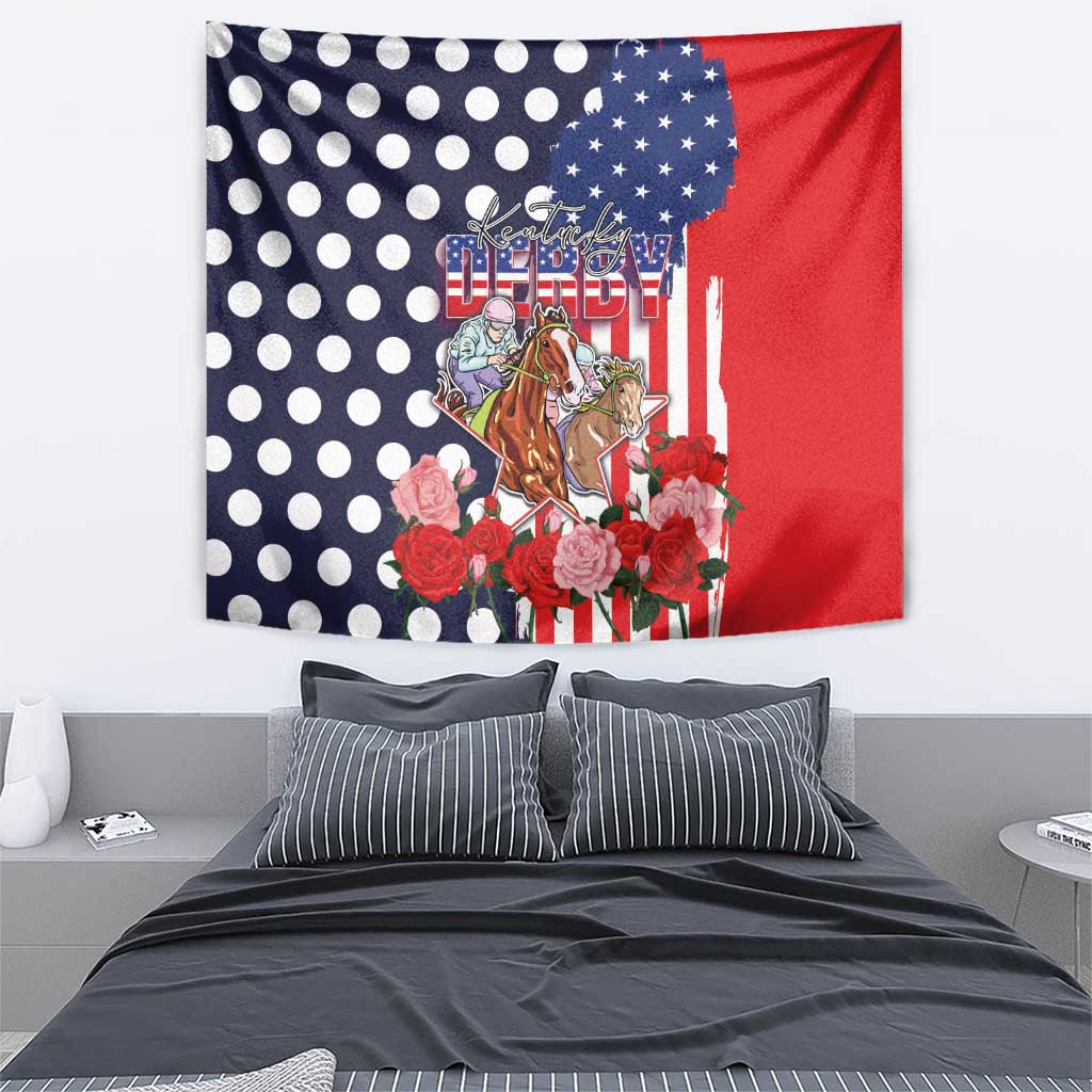 Polka-dot US flag tapestry with horse riders, white dots, and rose flowers