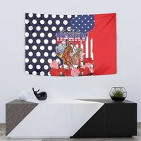 US flag style tapestry with blue star field, horse riders, and red rose cluster