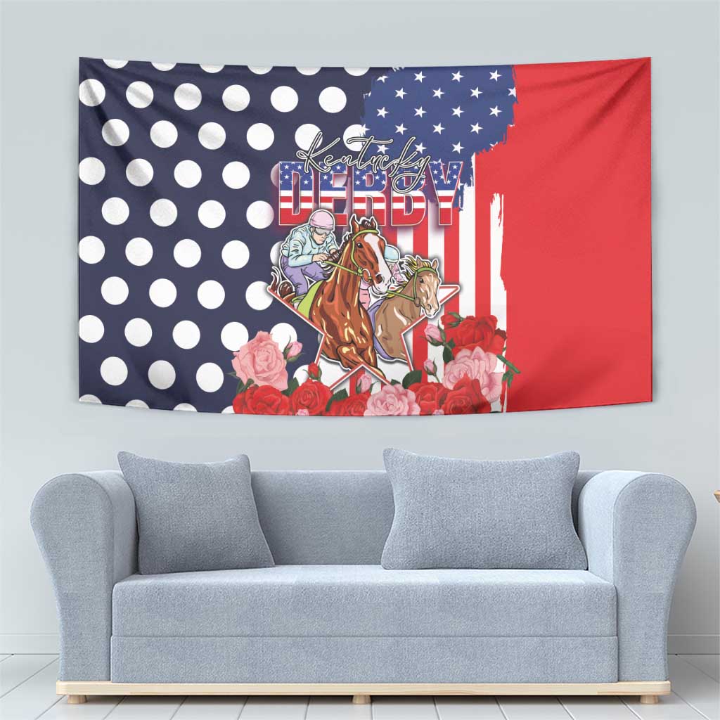 Blue-and-red US flag tapestry with polka dots, horse racing characters, and roses