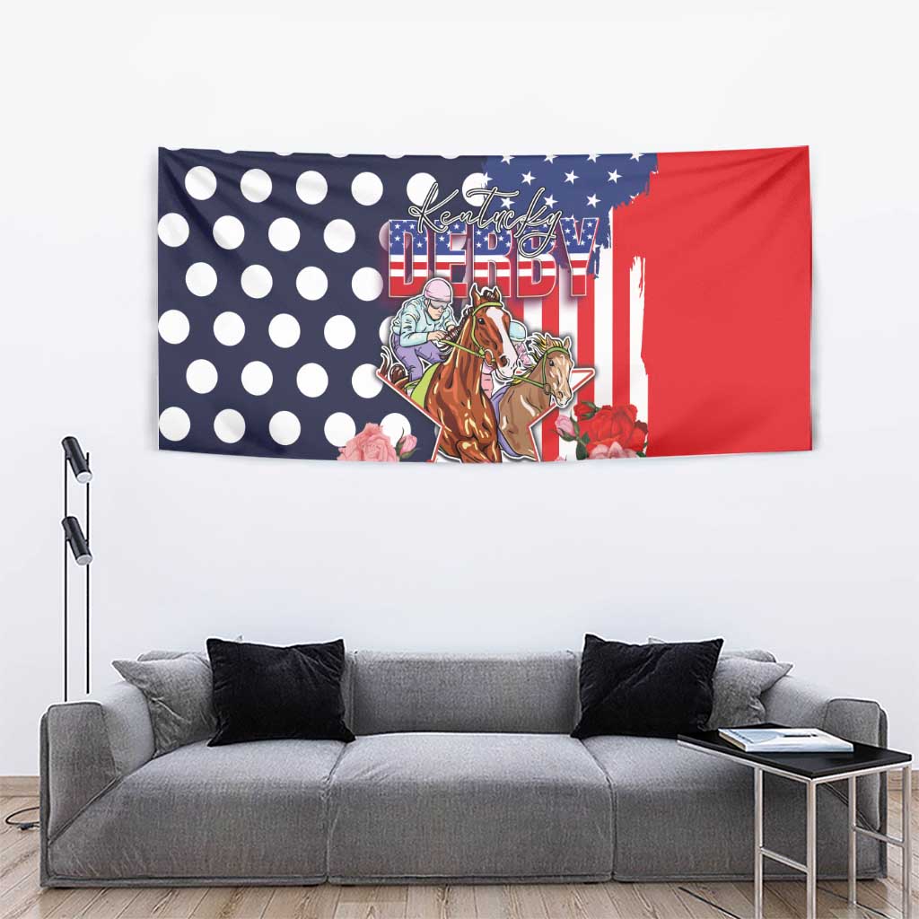 US flag racing tapestry with horse riders, white polka dots, and pink-red roses