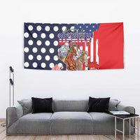US flag racing tapestry with horse riders, white polka dots, and pink-red roses