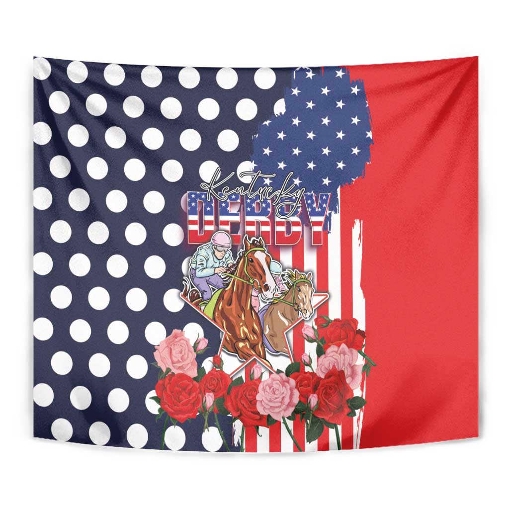 Close-up US flag tapestry with horse riders, white polka dots, stars, and roses