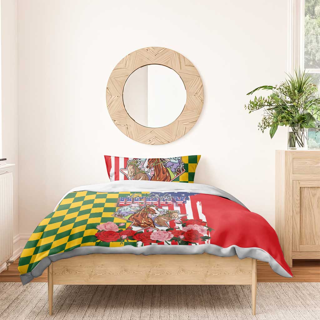 Kentucky Horses Racing Bedding Set US Flag Grunge and Check Pattern Green Color