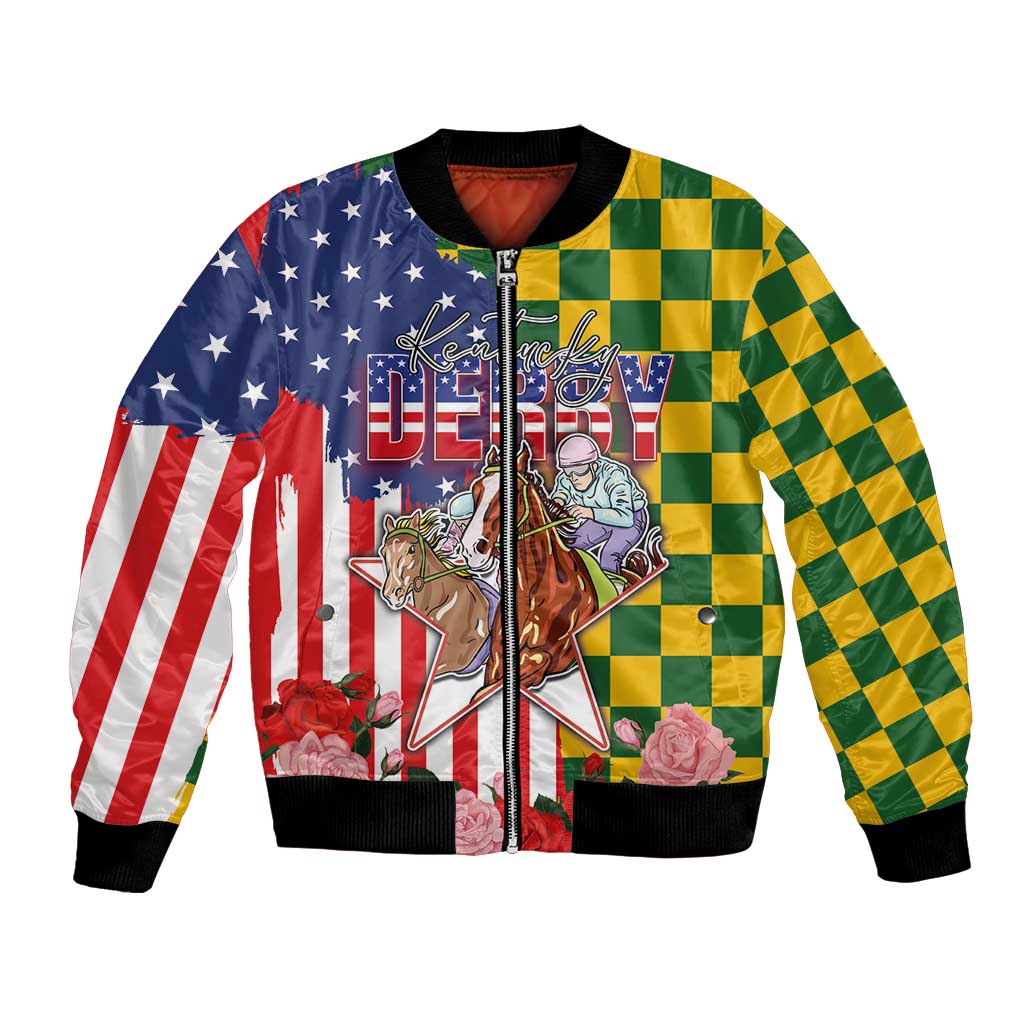 Green bomber jacket with US flag, horses graphic, check panels, ribbed cuffs