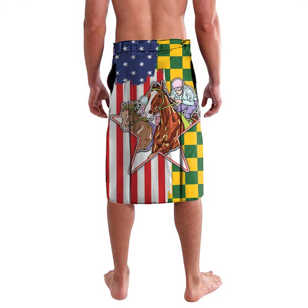 Green US flag grunge lavalava with checker block accents and horse rider graphic