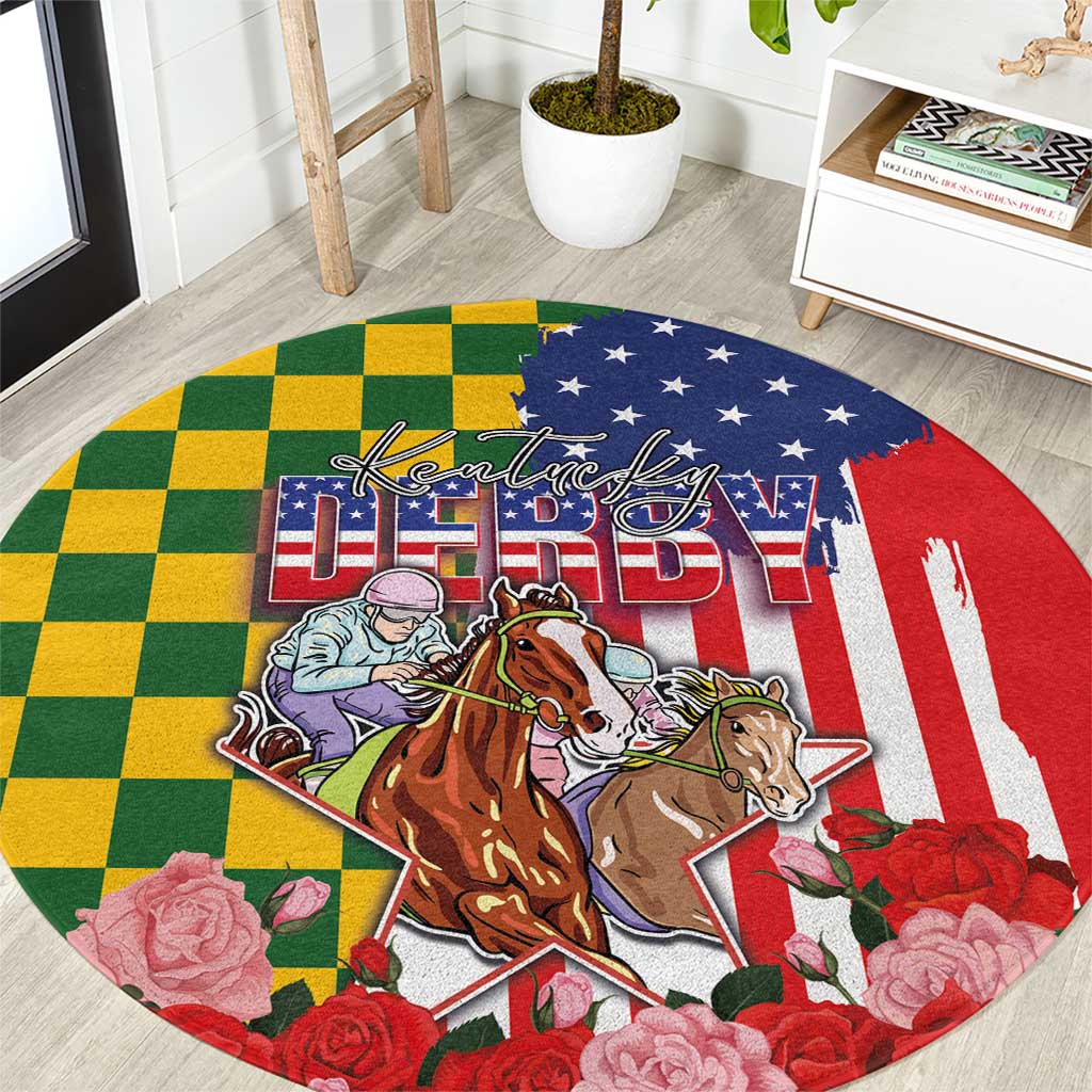 Green round area rug with checker border, horses and grunge US flag graphics