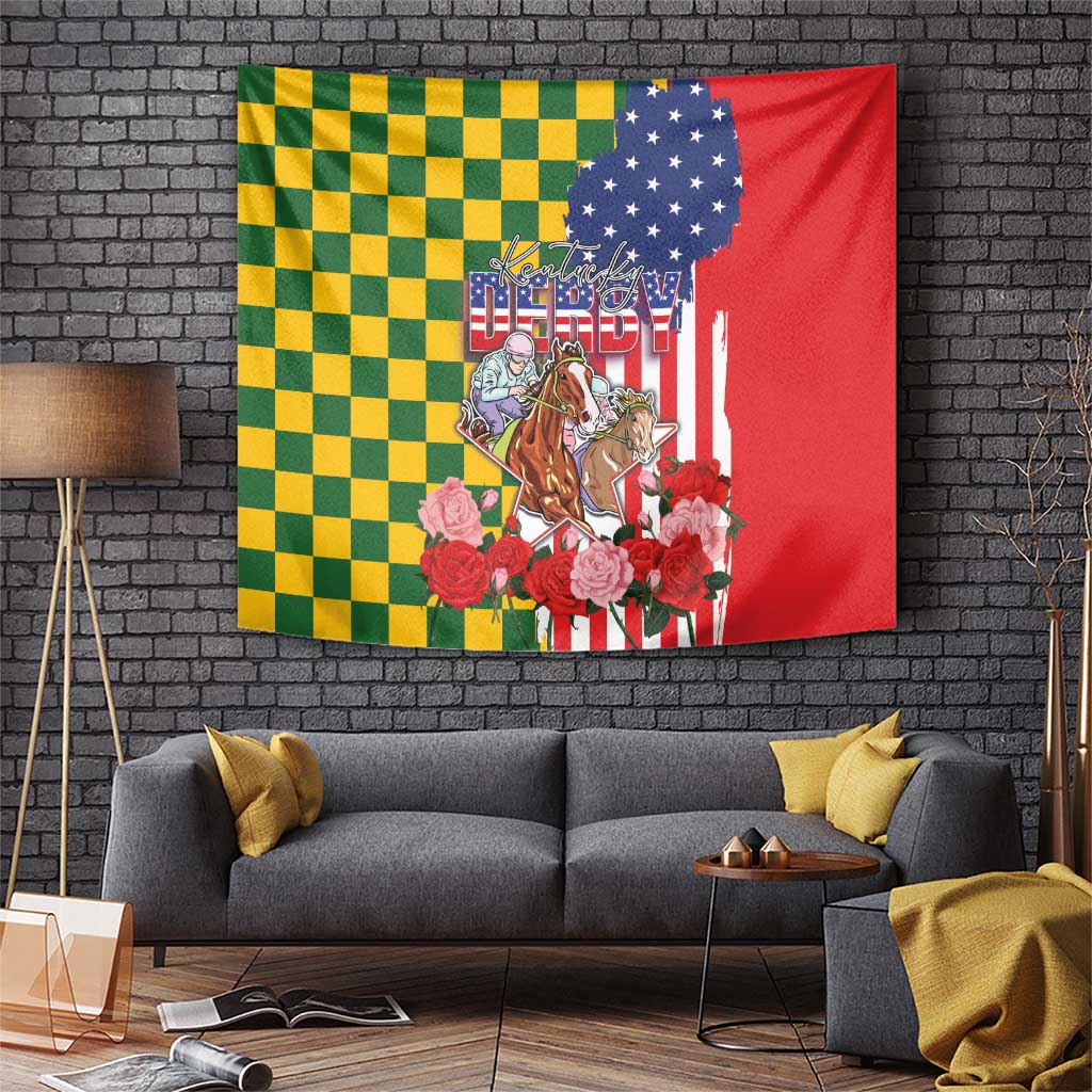 Green check and stripe horses tapestry flag with red rose and US stars panel