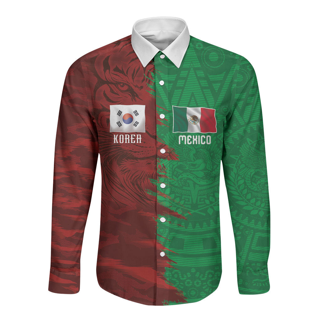 South Korea and Mexico National Football Custom Long Sleeve Button Shirt Taegeuk Warriors with El Tricolor Grunge Split Style