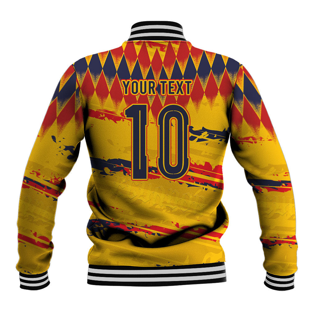 Ecuador National Football Custom Baseball Jacket Argyle Pattern With Grunge Flag Splatter Graphics