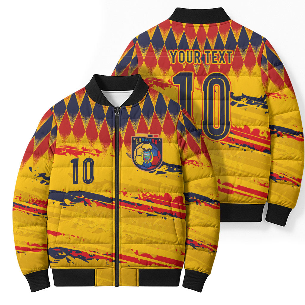Ecuador National Football Custom Bomber Puffer Jacket Argyle Pattern With Grunge Flag Splatter Graphics