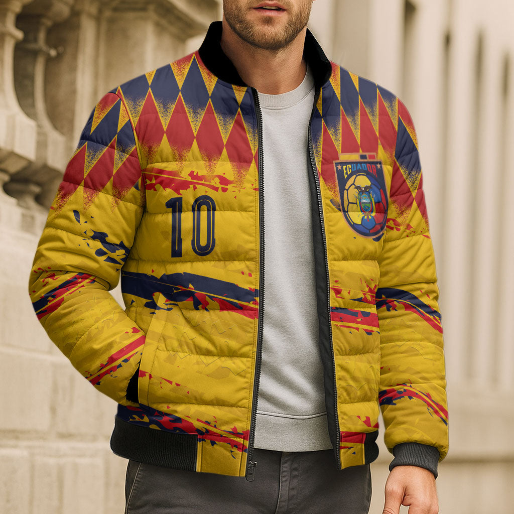 Ecuador National Football Custom Bomber Puffer Jacket Argyle Pattern With Grunge Flag Splatter Graphics