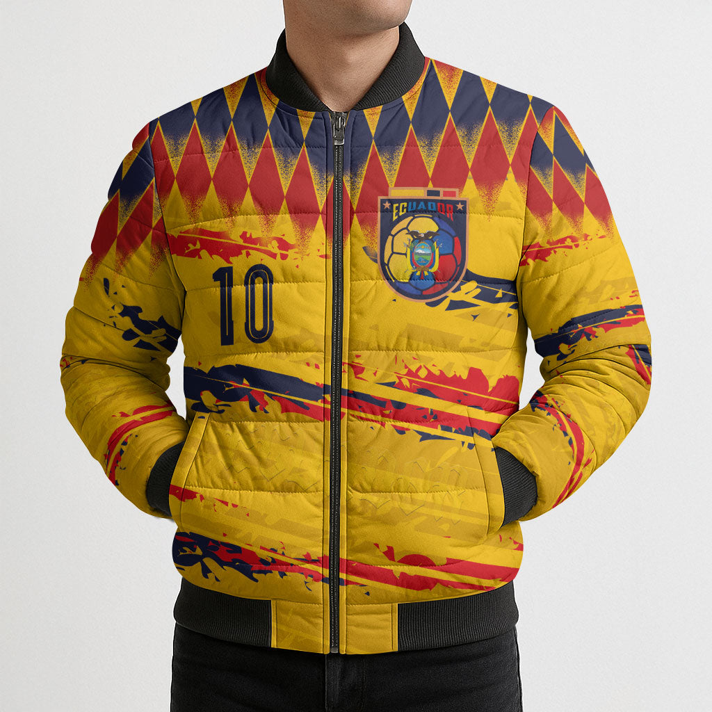 Ecuador National Football Custom Bomber Puffer Jacket Argyle Pattern With Grunge Flag Splatter Graphics