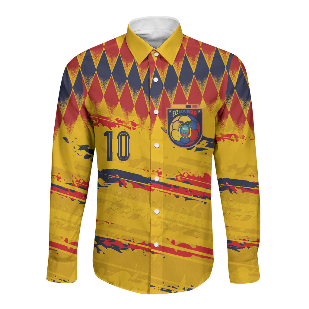 Ecuador National Football Custom Long Sleeve Button Shirt Argyle Pattern With Grunge Flag Splatter Graphics