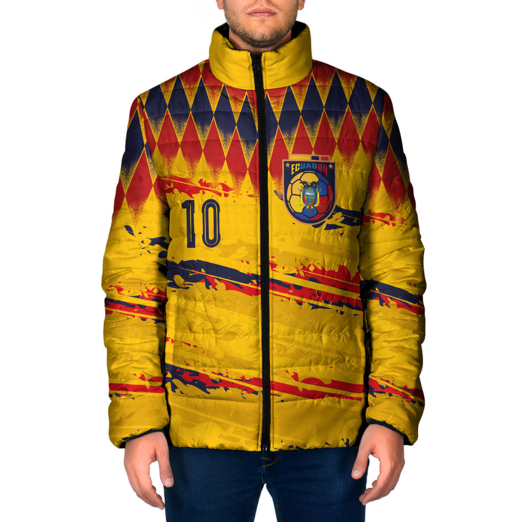 Ecuador National Football Custom Padded Jacket Argyle Pattern With Grunge Flag Splatter Graphics