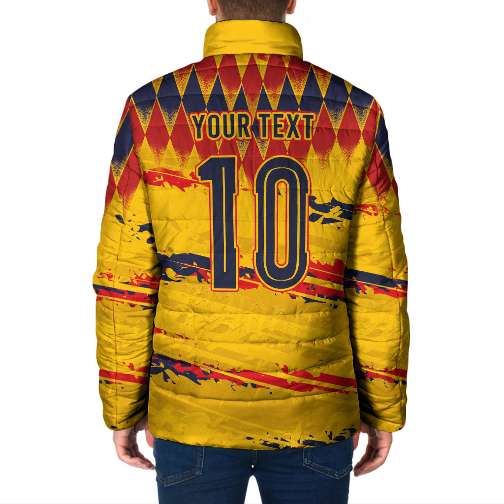 Ecuador National Football Custom Padded Jacket Argyle Pattern With Grunge Flag Splatter Graphics