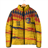 Ecuador National Football Custom Padded Jacket Argyle Pattern With Grunge Flag Splatter Graphics