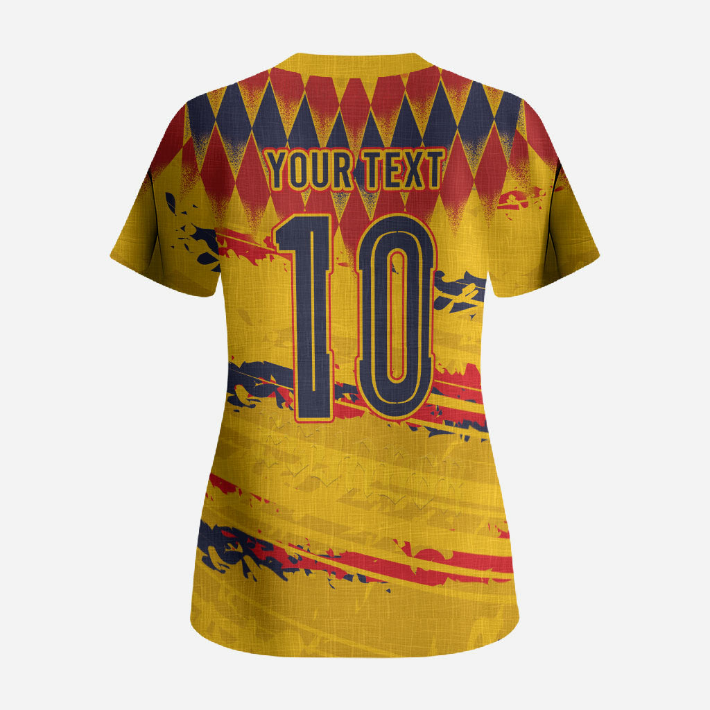 Ecuador National Football Custom Scrub Top Argyle Pattern With Grunge Flag Splatter Graphics