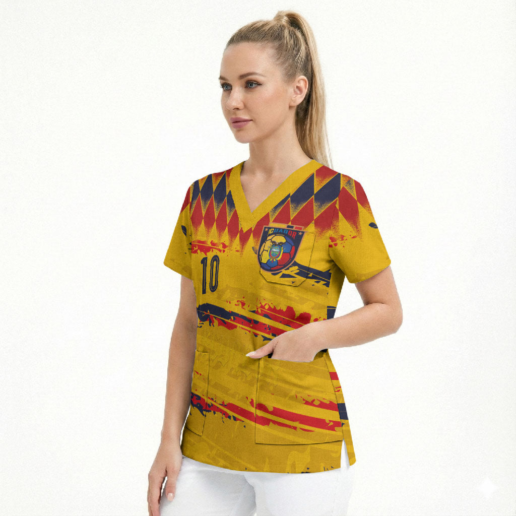 Ecuador National Football Custom Scrub Top Argyle Pattern With Grunge Flag Splatter Graphics