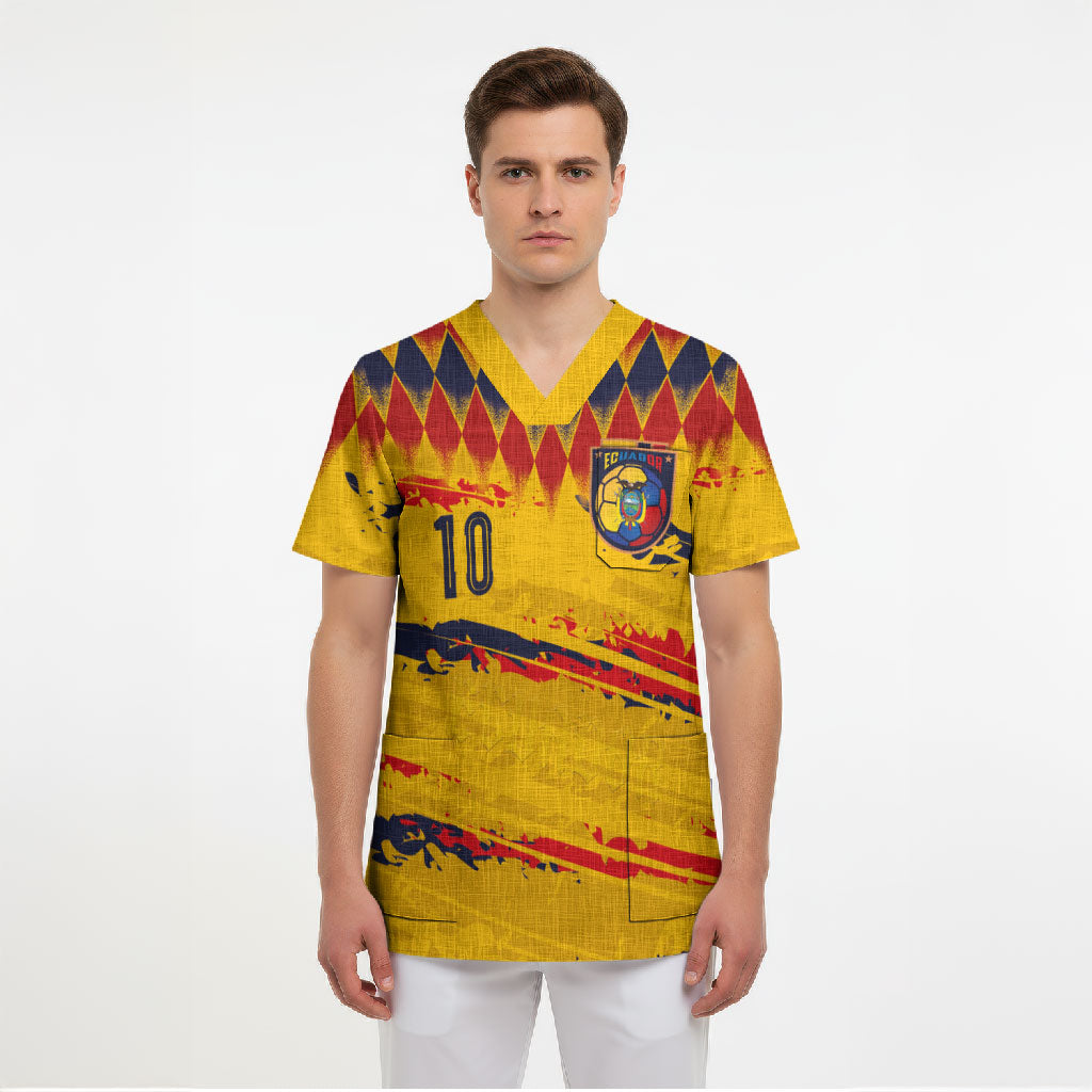 Ecuador National Football Custom Scrub Top Argyle Pattern With Grunge Flag Splatter Graphics