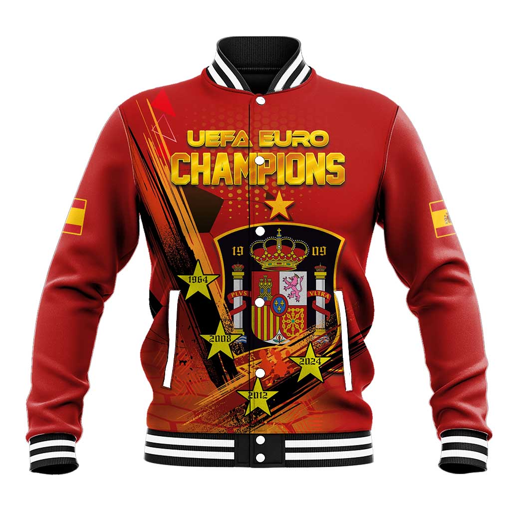 Red Spain baseball jacket with striped collar and snap buttons; front UEFA Euro Champions graphic