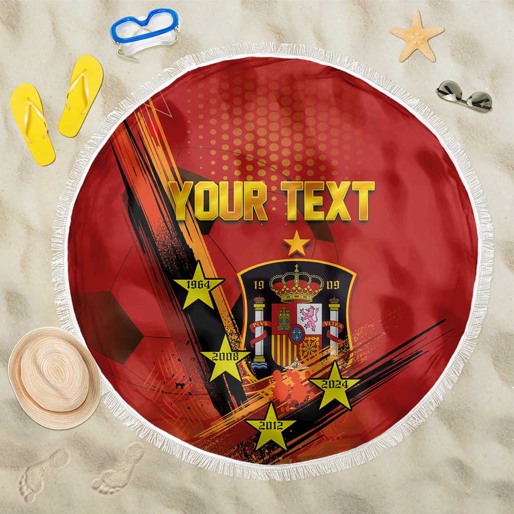 Red round Spain beach blanket with white fringe, Spain crest, stars, and “YOUR TEXT”