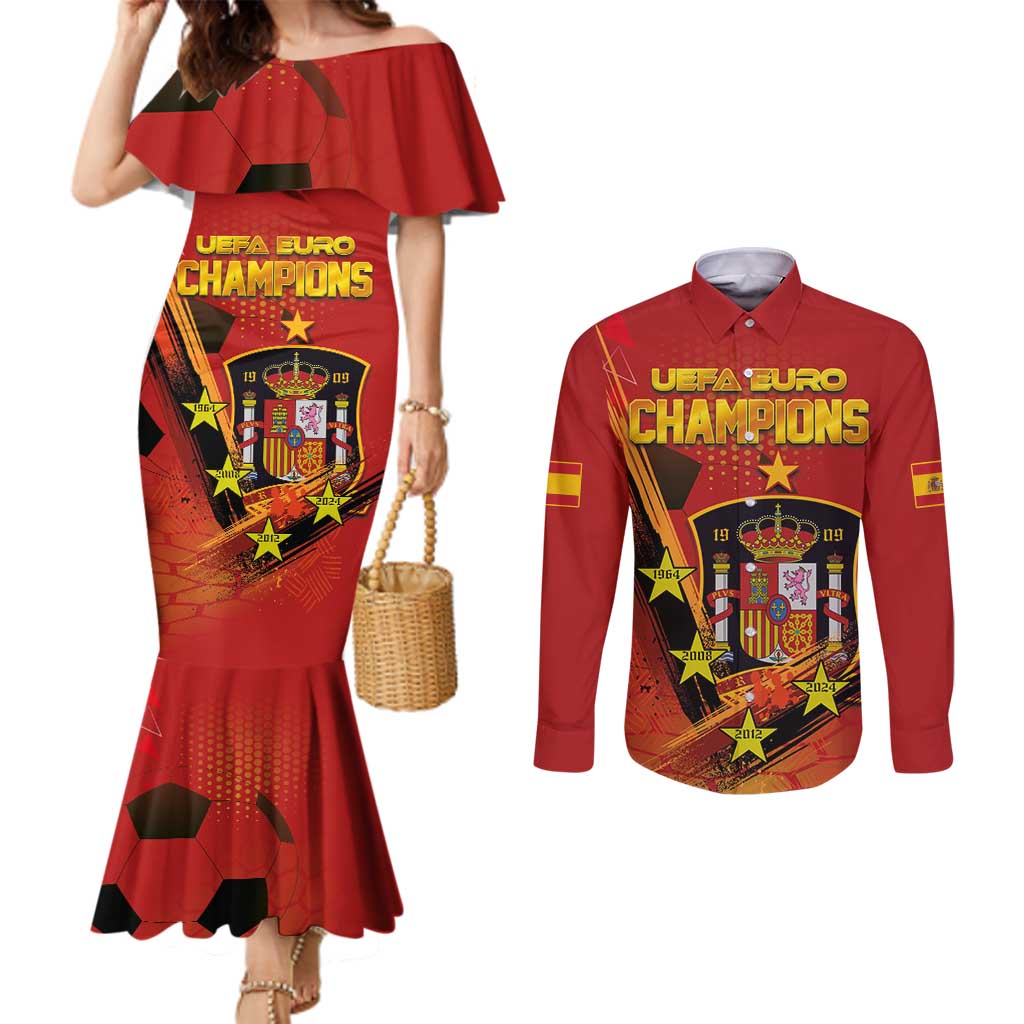 Personalised Spain Football 2024 Couples Matching Mermaid Dress and Long Sleeve Button Shirt La Roja The Fourth Time Champion European