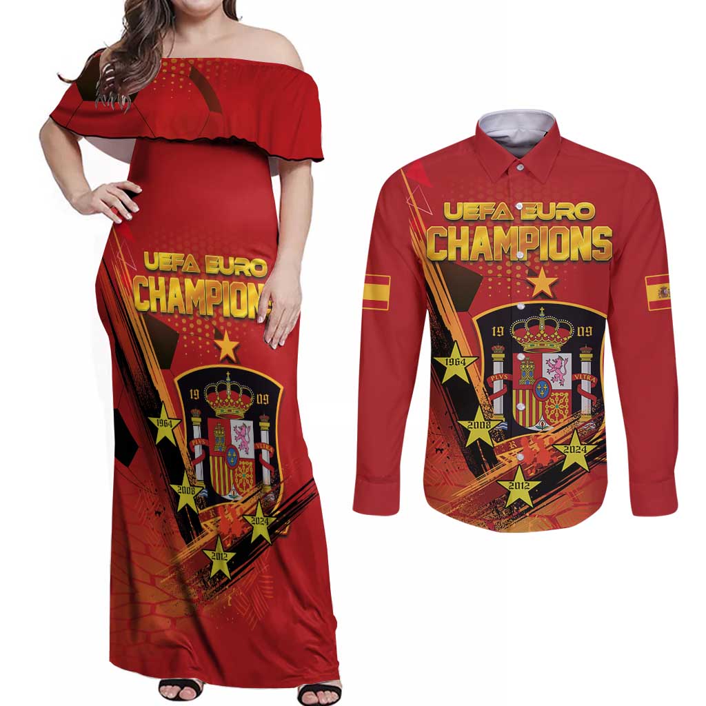 Personalised Spain Football 2024 Couples Matching Off Shoulder Maxi Dress and Long Sleeve Button Shirt La Roja The Fourth Time Champion European - Wonder Print Shop