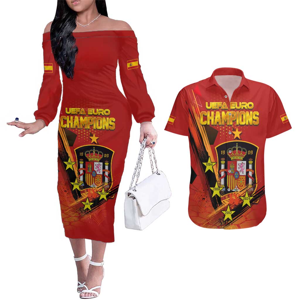 Personalised Spain Football 2024 Couples Matching Off The Shoulder Long Sleeve Dress and Hawaiian Shirt La Roja The Fourth Time Champion European - Wonder Print Shop