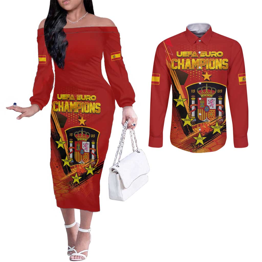 Personalised Spain Football 2024 Couples Matching Off The Shoulder Long Sleeve Dress and Long Sleeve Button Shirt La Roja The Fourth Time Champion European