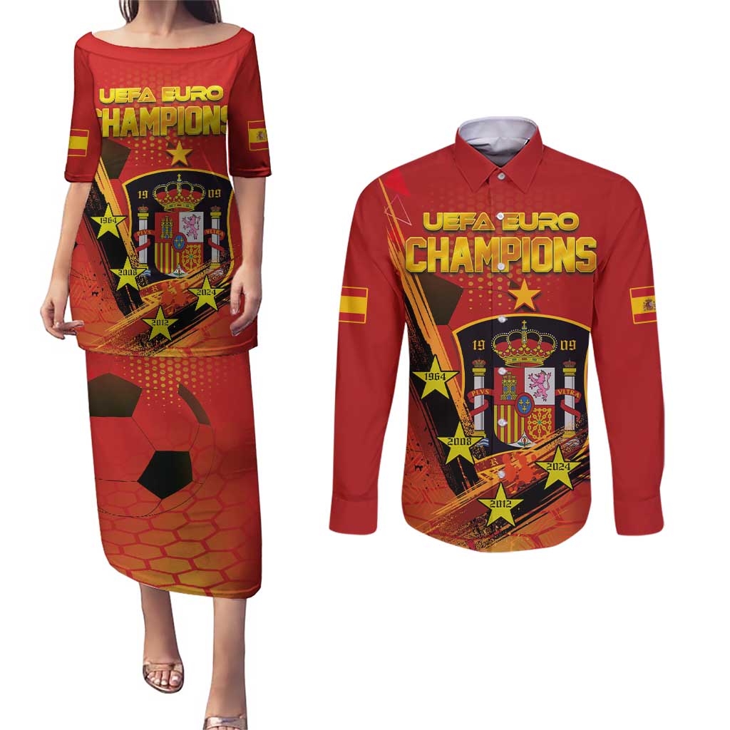 Personalised Spain Football 2024 Couples Matching Puletasi and Long Sleeve Button Shirt La Roja The Fourth Time Champion European - Wonder Print Shop