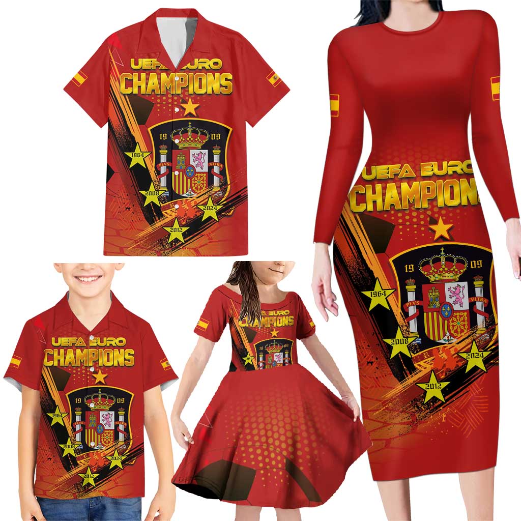 Personalised Spain Football 2024 Family Matching Long Sleeve Bodycon Dress and Hawaiian Shirt La Roja The Fourth Time Champion European - Wonder Print Shop