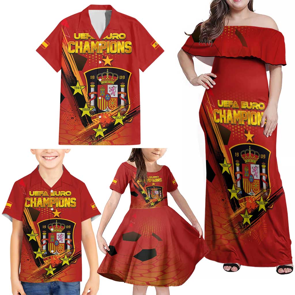 Personalised Spain Football 2024 Family Matching Off Shoulder Maxi Dress and Hawaiian Shirt La Roja The Fourth Time Champion European - Wonder Print Shop