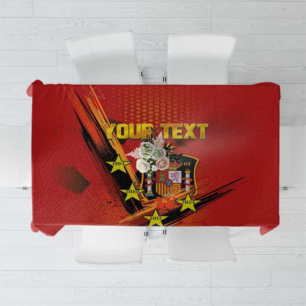 Red tablecloth with Spain crest design and customizable "Your Text" panel