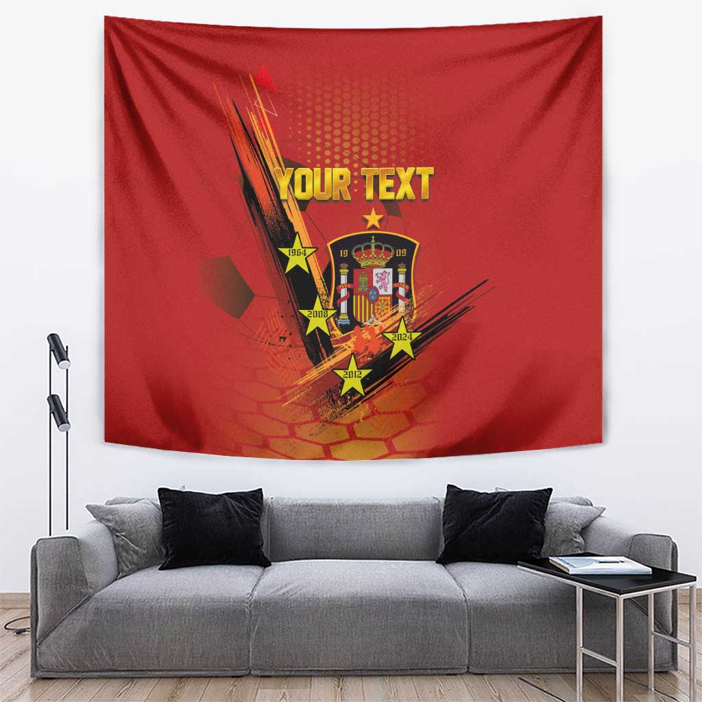 Red Spain football tapestry with custom text and crest, above gray sofa