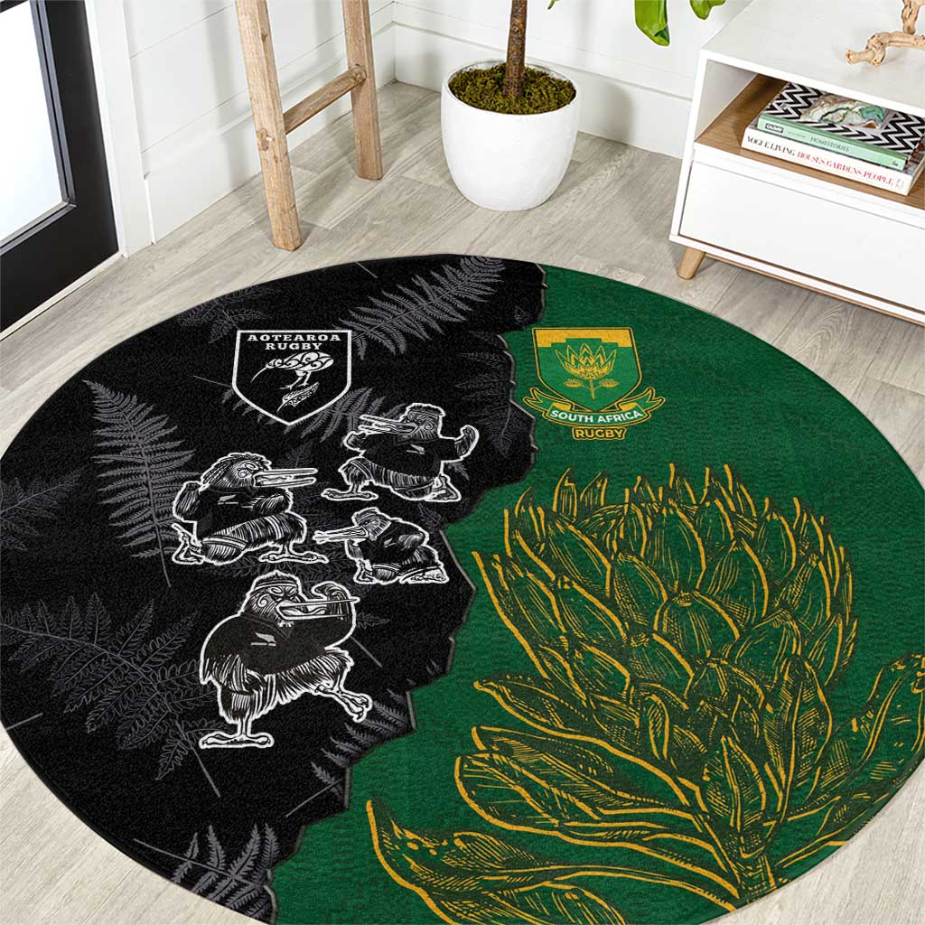 Aotearoa South Africa Rugby Freedom Cup Round Carpet Kiwi Warriors Haka with King Protea Symbol - Wonder Print Shop