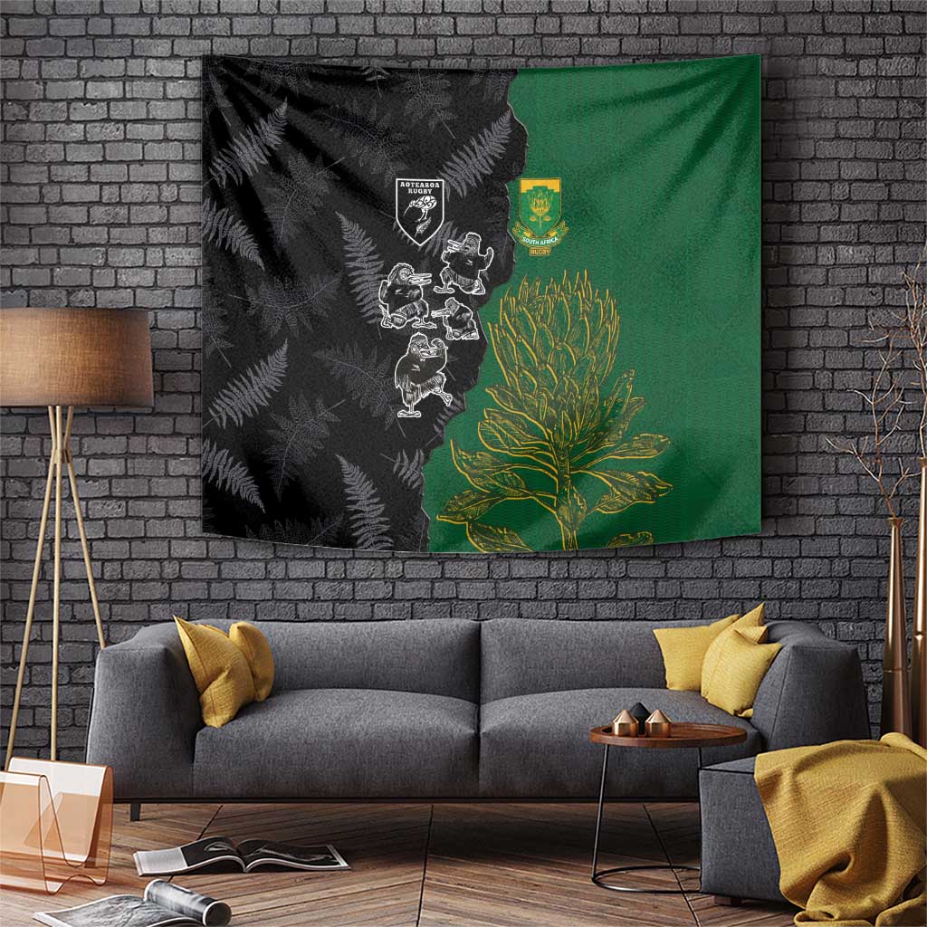 Aotearoa South Africa Rugby Freedom Cup Tapestry Kiwi Warriors Haka with King Protea Symbol - Wonder Print Shop