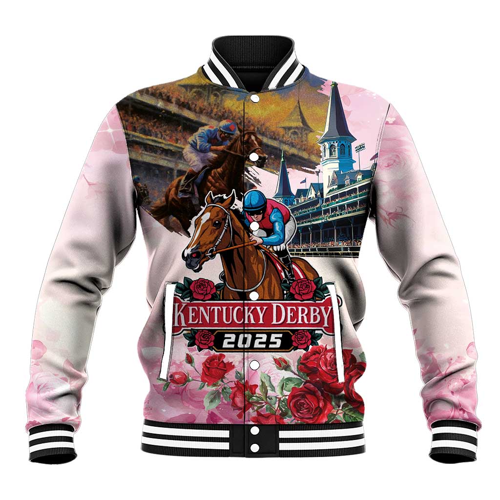 White baseball jacket with ribbed striped collar, horse racing graphic and roses on front