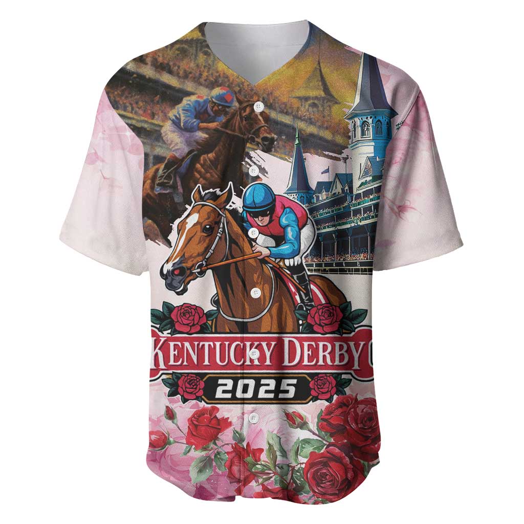 Baseball jersey with horse and jockey graphic, roses, and Kentucky Derby 2025