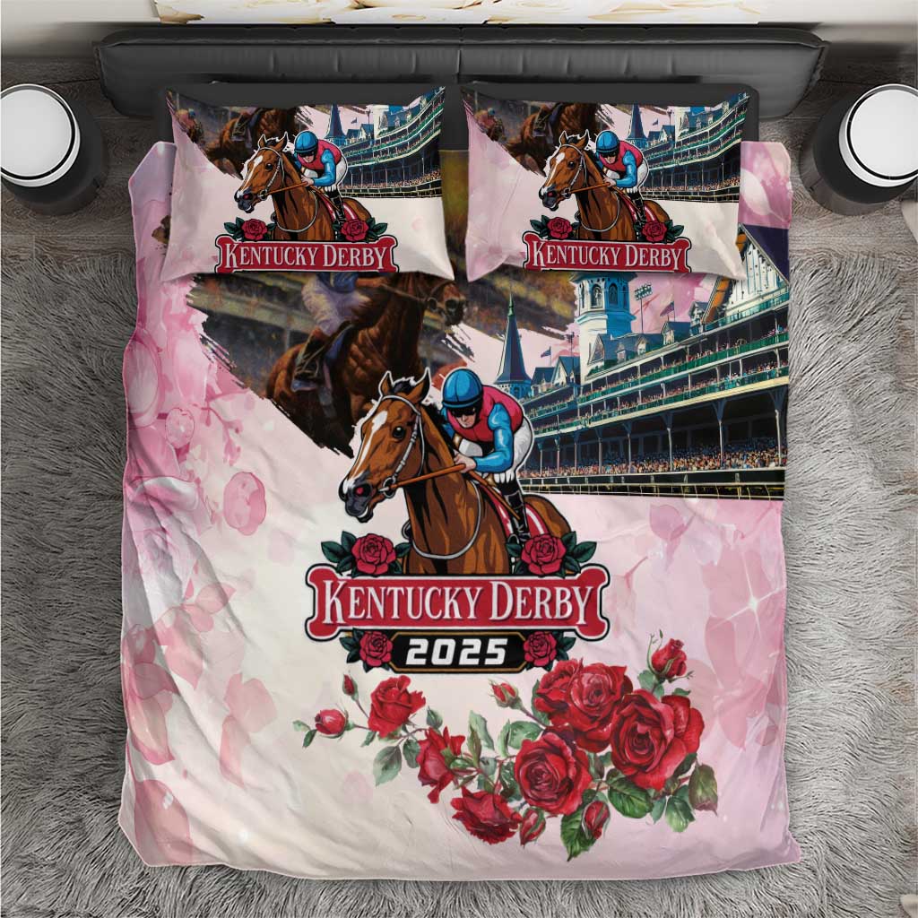 Pink and white horse racing bedding set with red roses and Kentucky Derby 2025 print