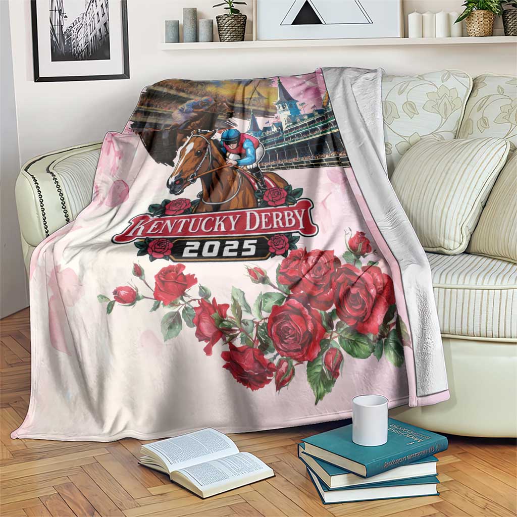 Kentucky Derby 2025 blanket with horse rider graphic and red rose floral design, white ground