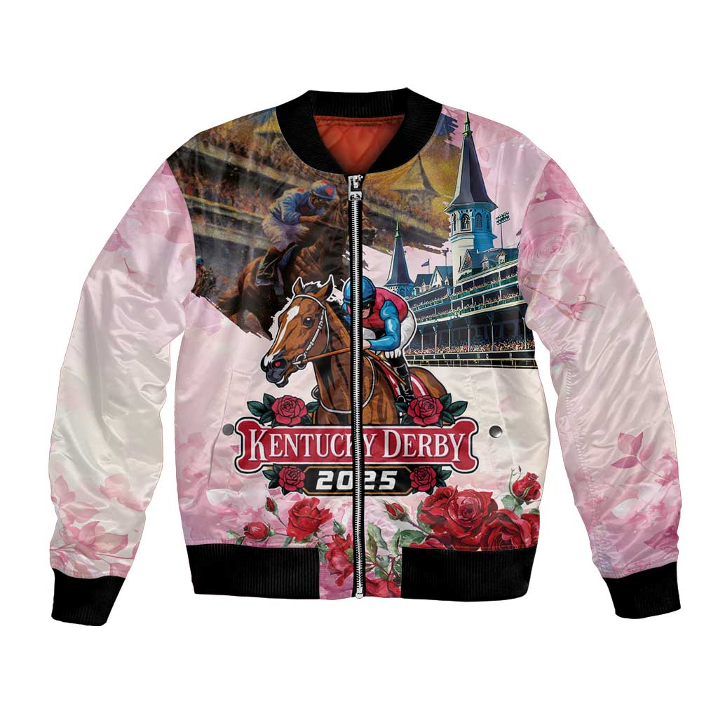 Unisex bomber jacket with horse racing graphic, roses, and black ribbed cuffs; front zip