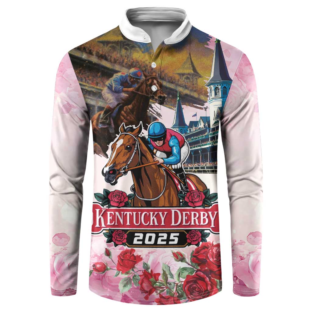 White long-sleeve button sweatshirt with horse jockey and Kentucky Derby 2025 graphic